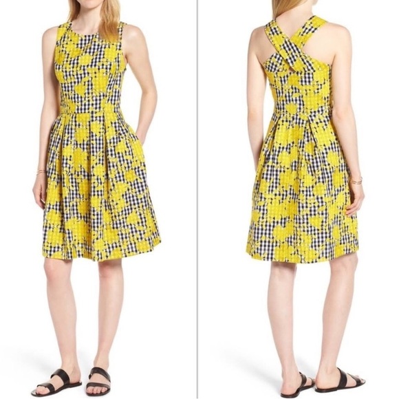 1901 Nordstrom Sundress Dress Black White Gingham Yellow Embroidered 8 Petite - Picture 1 of 12